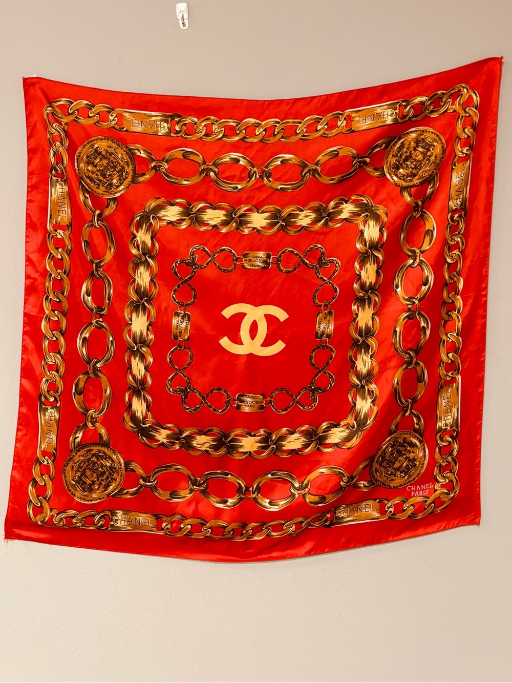 Chanel Red Vintage Silk Scarf Prominent Gold Chain Coin Motif CC Logo